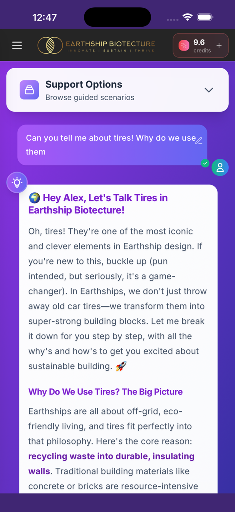 Interfaz del asistente de IA en la aplicación Asistente Earthship explicando el uso de neumáticos reciclados como bloques de construcción para hogares sostenibles.