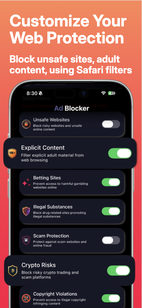 Safariでアダルトコンテンツや詐欺をブロックするためのカスタマイズ可能なウェブ保護設定