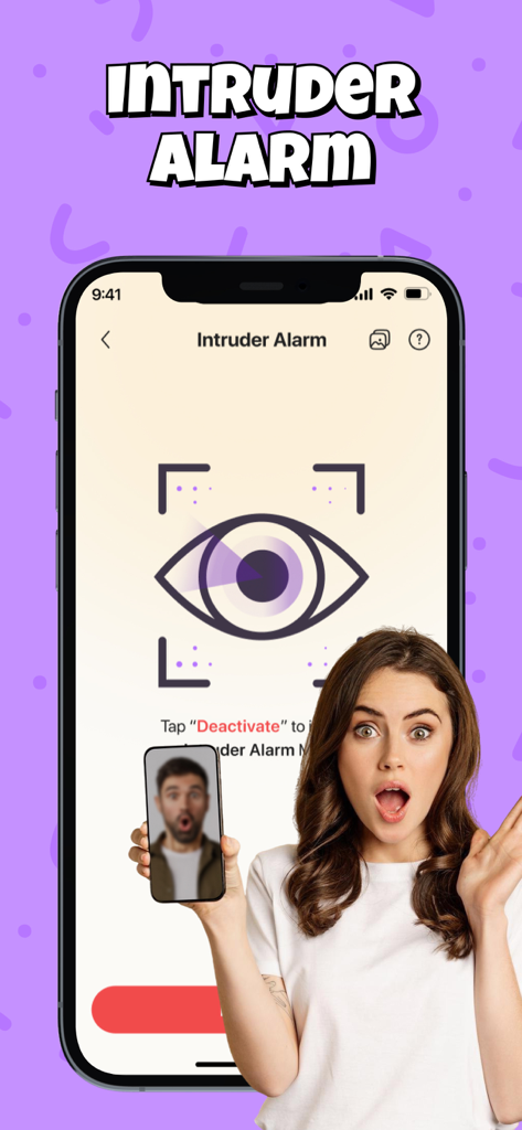 Find My Phone By Clap & Alarm - アプリの侵入者アラームセキュリティ機能を搭載したスマートフォンを持っているショックを受けた女性の写真