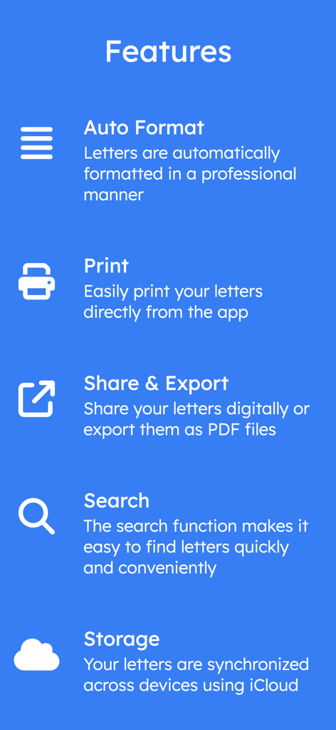 Letter: just write letters - Una lista de características de la app Letter que incluyen formato automático, impresión, compartir, búsqueda y sincronización de iCloud.