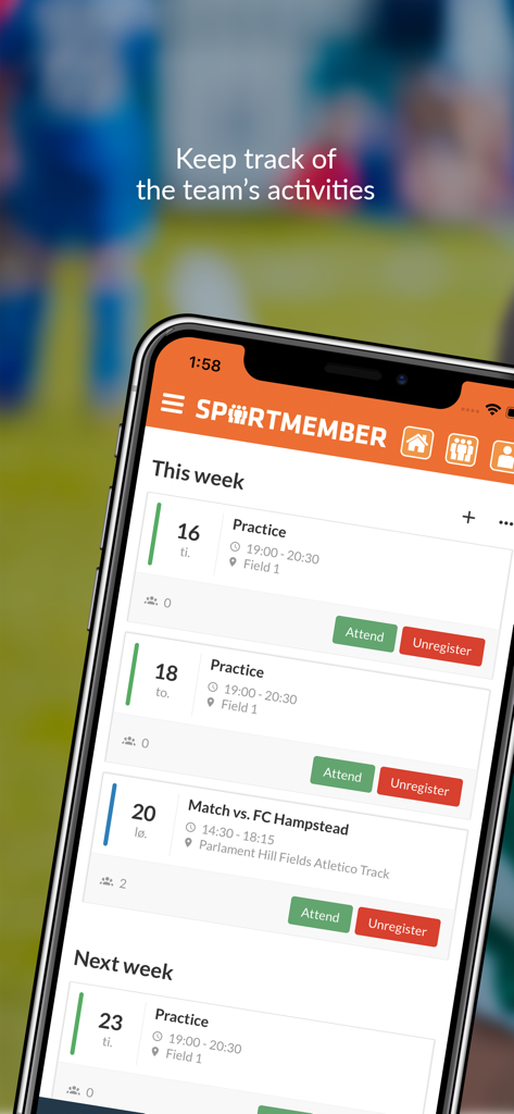 SportMember mobile app screen showing a weekly sports team schedule with practice and match listings including attend and unregister buttons