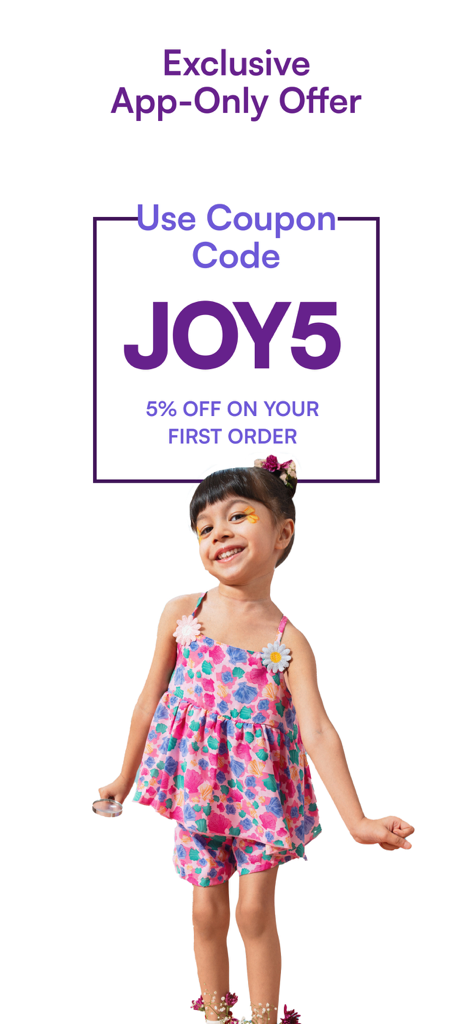 Hopscotch app promotional banner offering five percent off first order with coupon code JOY5