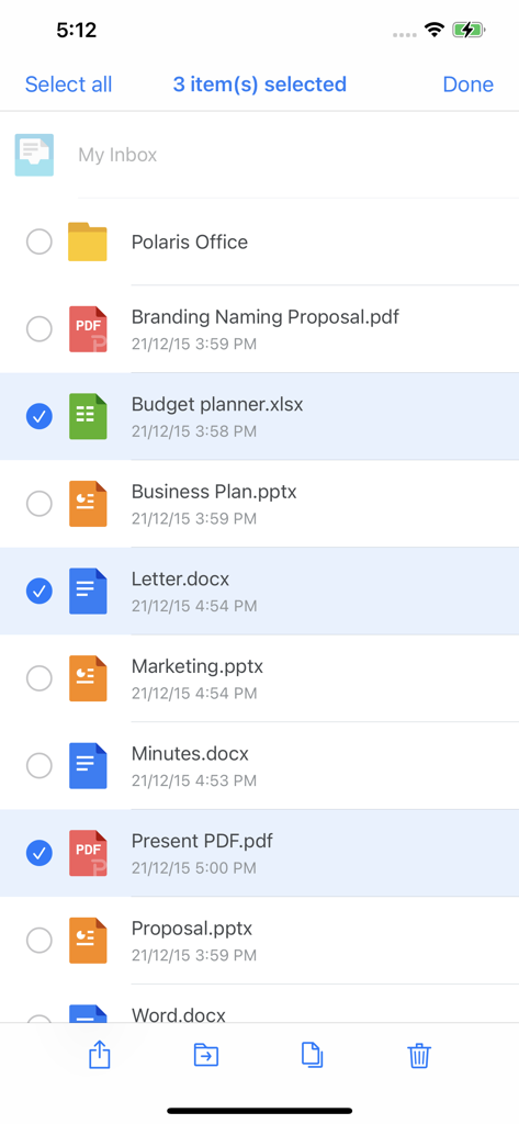 Polaris Viewer App-Oberfläche, die eine Liste von Word-, Excel- und PDF-Dokumenten anzeigt, wobei drei Elemente ausgewählt sind
