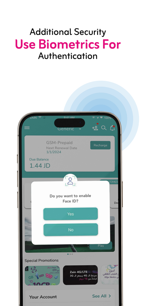 Zain Jo - Zain Jo mobile app screen displaying a Face ID biometric authentication setup prompt