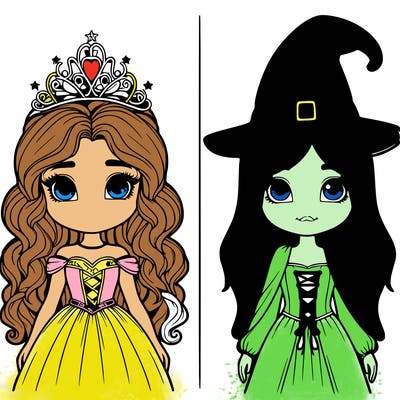 two realistic girls one princess one witch