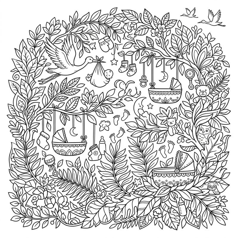 Dive into a world of natural beauty and new beginnings with this enchanting Forest Leaves Baby Shower coloring page. It's filled with delicate foliage and sweet nursery treasures, perfect for celebrating an upcoming arrival.