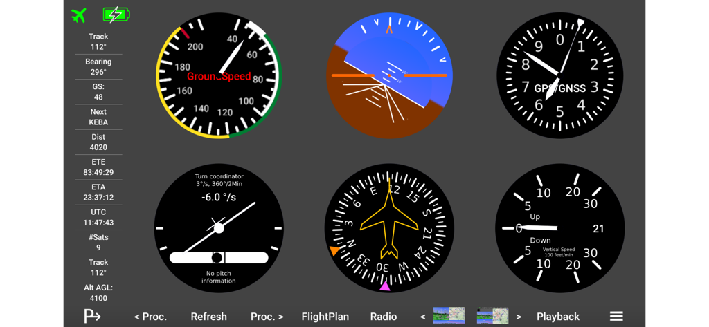 Digital display of flight instruments including airspeed indicator, artificial horizon, and altimeter on the Horizon Portable Glass Cockpit app interface.
