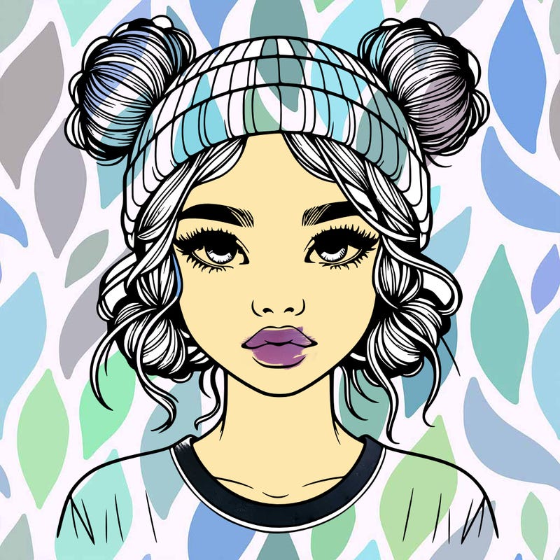 realistic girl with buns in her hair with a beanie on
