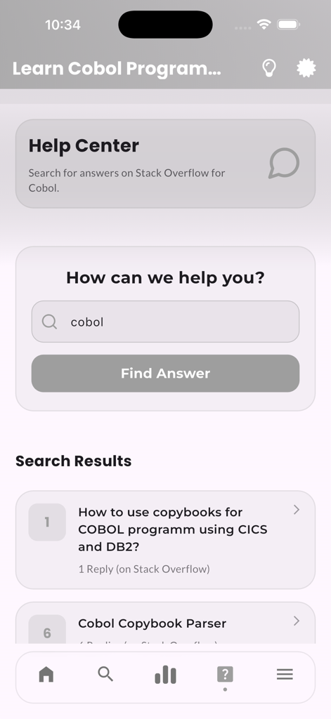 Learn Cobol Programming Pro - Help center screen in the COBOL learning app featuring search results from Stack Overflow