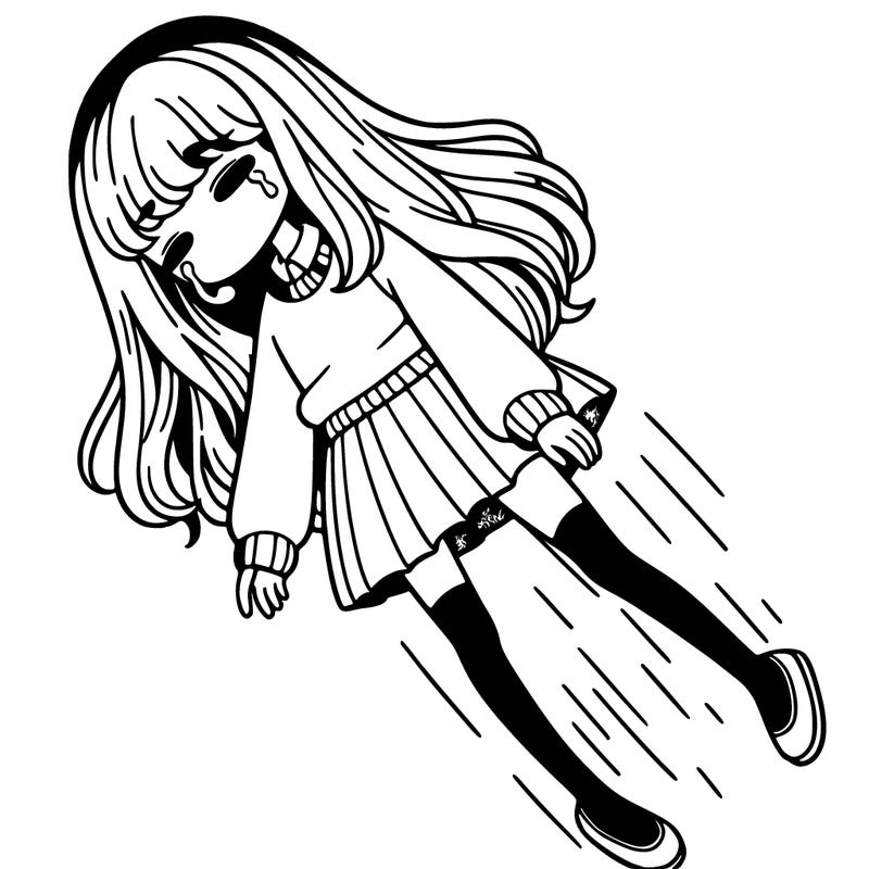 a girl with a long hair and a mini skirt and a sweater falling from the sky emotionless but with tears in her eyes as she falls