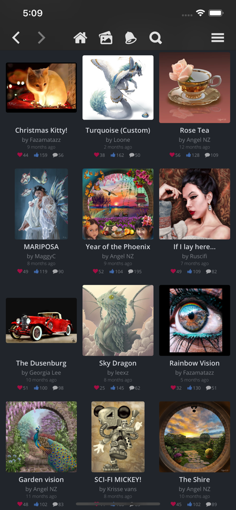 Sketch Club - Digital art gallery interface of the Sketch Club app featuring a variety of user-created illustrations and engagement metrics.