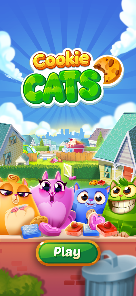 Cookie Cats™ - Cookie Cats mobile game start screen with four colorful cartoon cats