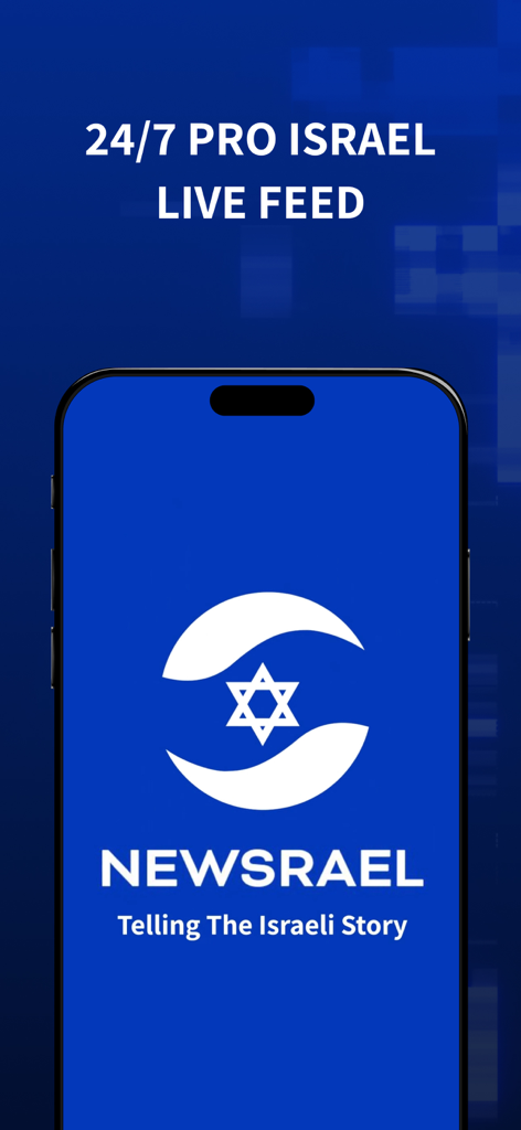 Newsrael - Israel News - Newsrael mobile app splash screen featuring the 24/7 pro Israel live feed message and logo