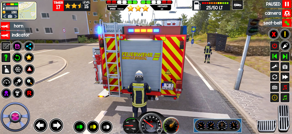 Rescue Squad Firestorm Mission - A firefighter character standing behind a red fire truck in a city rescue simulation game.