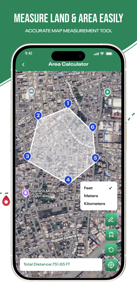 Earth Maps 3D: Live Satellite - Satellite view of the app showing the area calculator tool with numbered points measuring land in feet