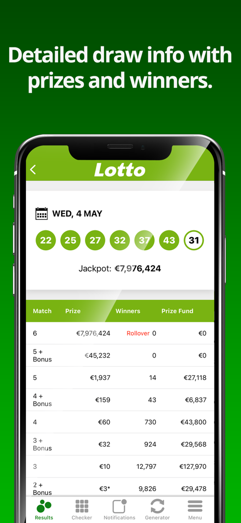Captura de pantalla de la aplicación Irish Lottery mostrando detalles de los resultados del sorteo incluyendo números ganadores premios y ganadores del Lotto