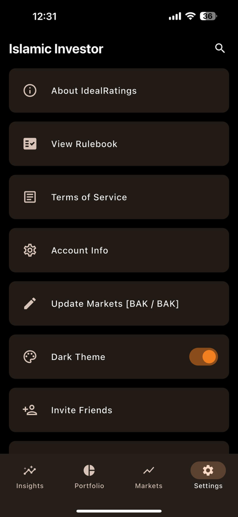 Islamic Investor - Settings screen of the Islamic Investor app featuring options for account info, dark theme, and the Shariah rulebook.