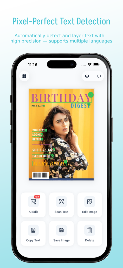 EditShot – Photo Text Editor - Smartphone screen showing the EditShot app detecting text on a magazine cover.