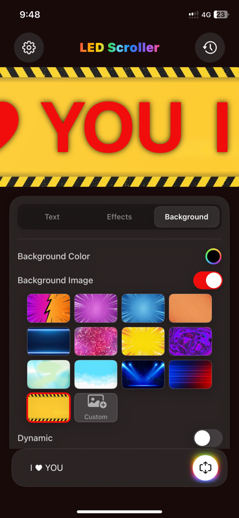 LED Banner App. - Mobile screen showing various background pattern options for a digital LED scrolling banner