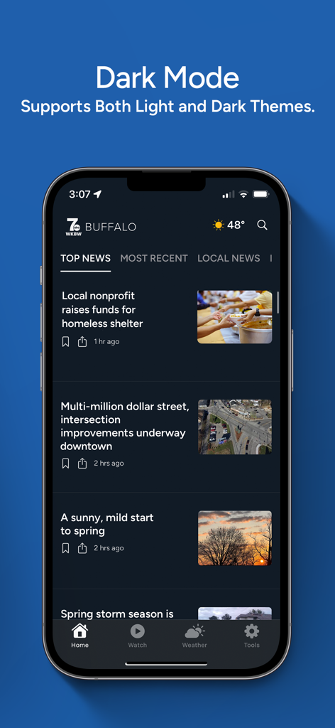 7 WKBW News Buffalo - Smartphone displaying 7 WKBW News Buffalo app in dark mode with local news headlines