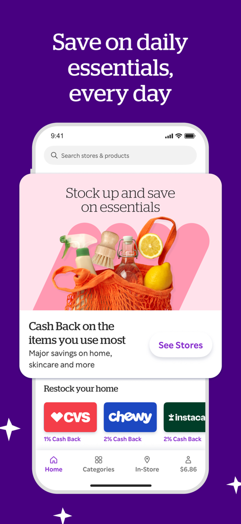 Rakuten app interface showing cash back offers on daily essentials from stores like CVS and Chewy