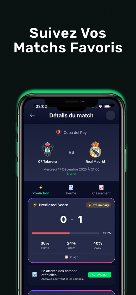 PredictIQ – AI Predictions - Aplicación PredictIQ que muestra análisis de partidos de fútbol impulsados por IA y puntuaciones predichas.