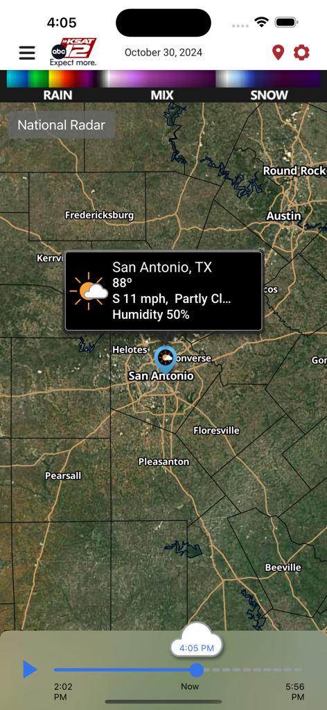 KSAT 12 Weather Authority app displaying an interactive radar map of San Antonio and South Central Texas with current weather conditions.