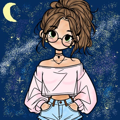 girl with a messy ponytail glasses a baggy crop top and jean shorts