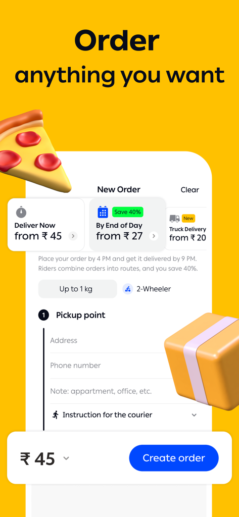 Borzo app interface for creating a courier delivery order with options for instant or same day delivery