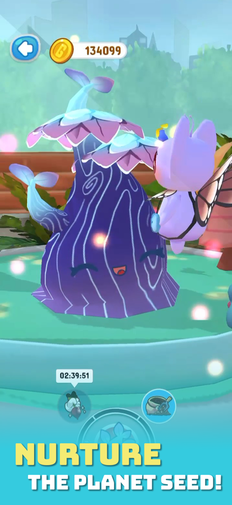 Bumi: Next stop, Earth! - A small winged alien character next to a large smiling purple plant called the Planet Seed in the Bumi game.