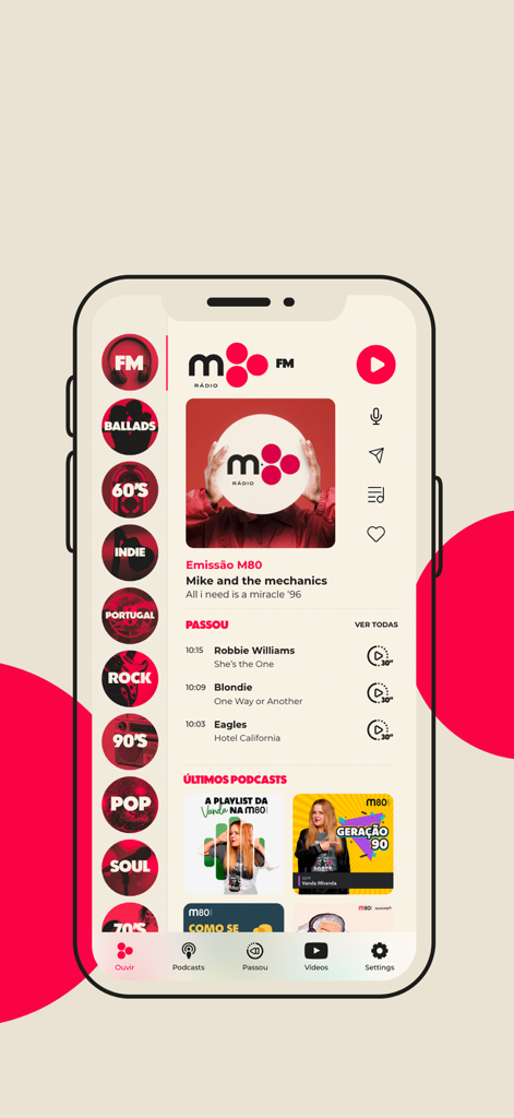 Interfaz de la aplicación M80 Radio que muestra el reproductor de música en vivo, canciones reproducidas recientemente como Blondie y estaciones de radio temáticas para éxitos de los 80 y 90