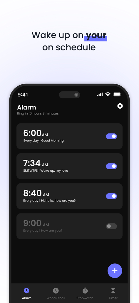 Clock : Alarm Clock & Timer - iPhone screenshot of the Clock app interface showing multiple set alarms in dark mode
