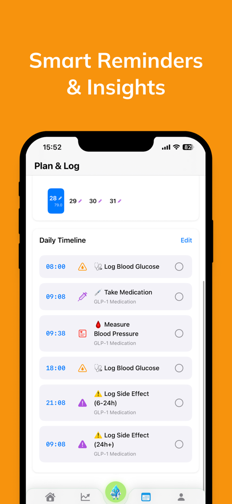 Wellive - GLP-1 Care AI - Daily timeline screen in Wellive app for tracking GLP-1 medication and side effects