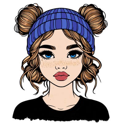 realistic girl with buns in her hair with a beanie on