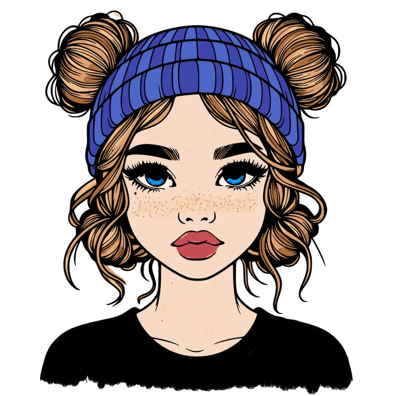realistic girl with buns in her hair with a beanie on