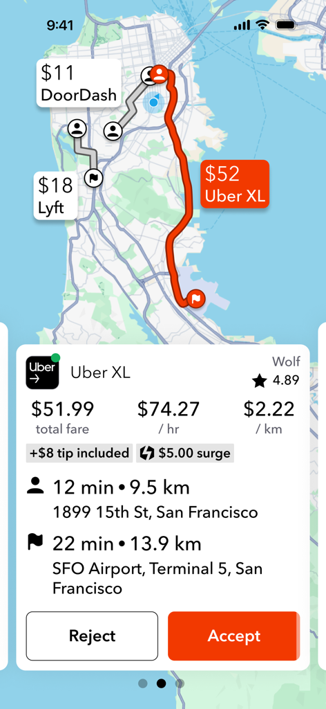 Interface de l'application Mystro Driver comparant les offres de courses et de livraison d'Uber, Lyft et DoorDash sur une carte
