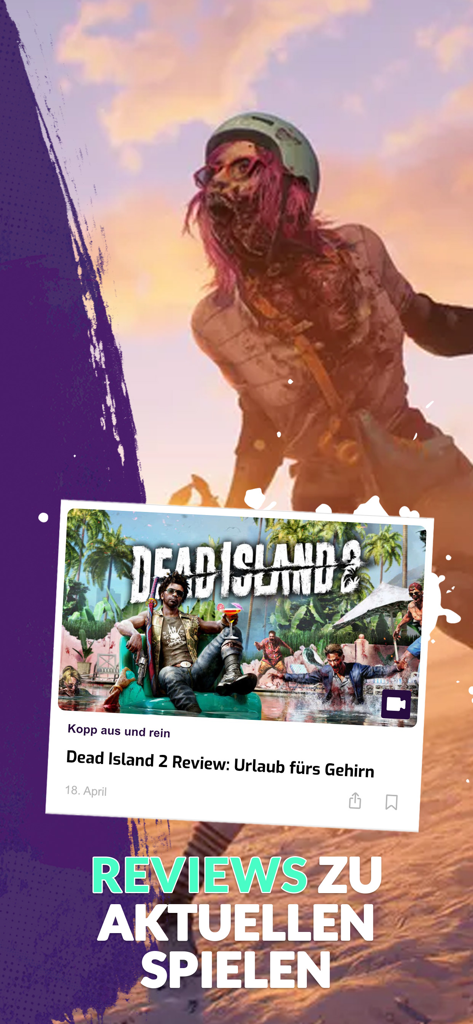 Screenshot of the ingame mobile app featuring a Dead Island 2 game review and current gaming news.