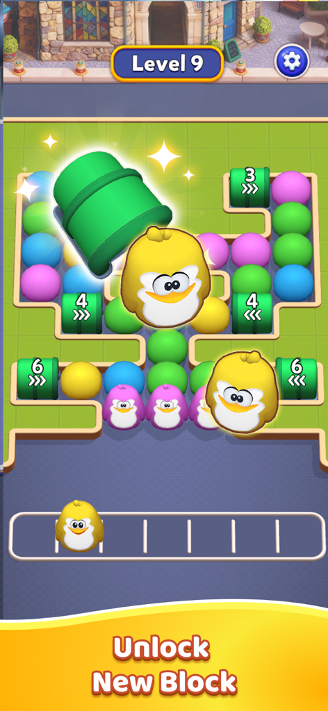 Match Jam 3D - Gameplay of Match Jam 3D showing a puzzle with colorful balls and penguin characters on Level 9