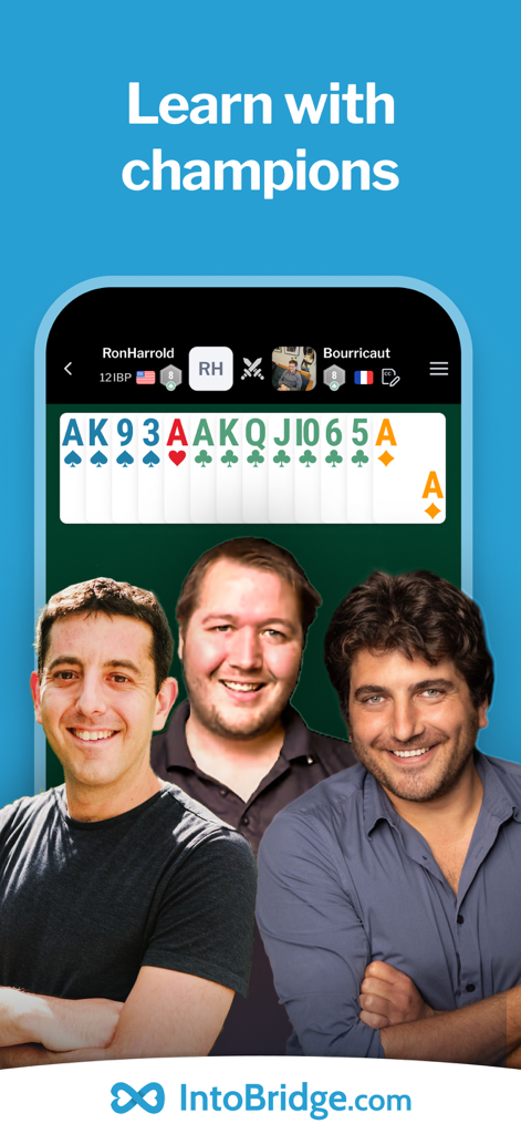 Pantalla de la aplicación IntoBridge que muestra el juego de cartas y a los campeones de bridge