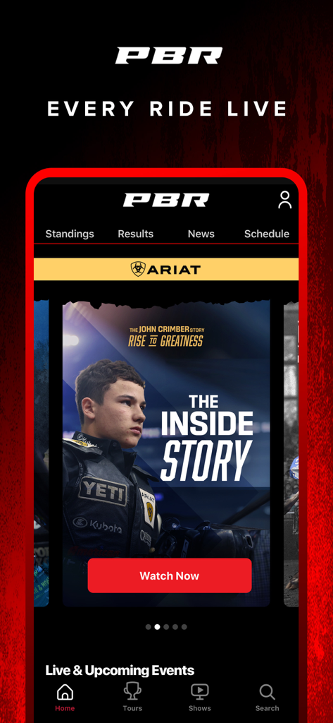 PBR - Interfaz de la aplicación móvil de PBR que muestra una historia destacada sobre John Crimber con navegación para clasificaciones y resultados