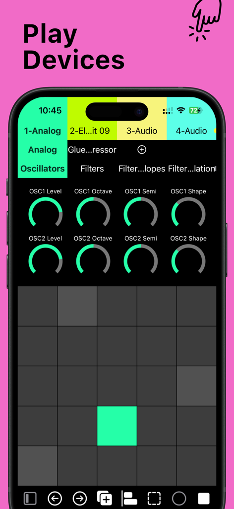 7III Tap: Live MIDI Controller - Interface of 7III Tap app showing MIDI device controls with virtual knobs and a touch grid