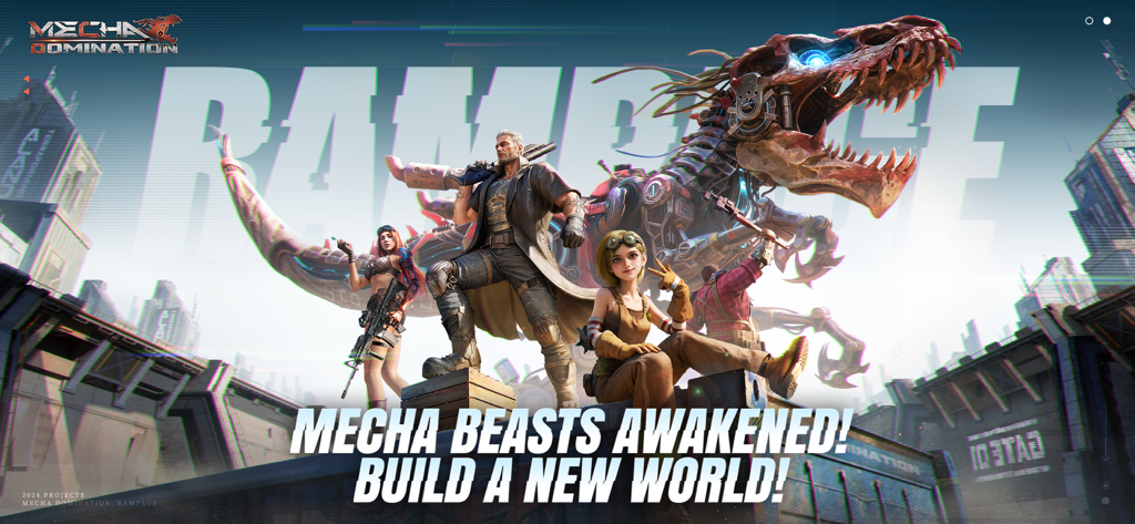Heroes and a giant mechanical dinosaur in a post-apocalyptic wasteland city in Mecha Domination Rampage