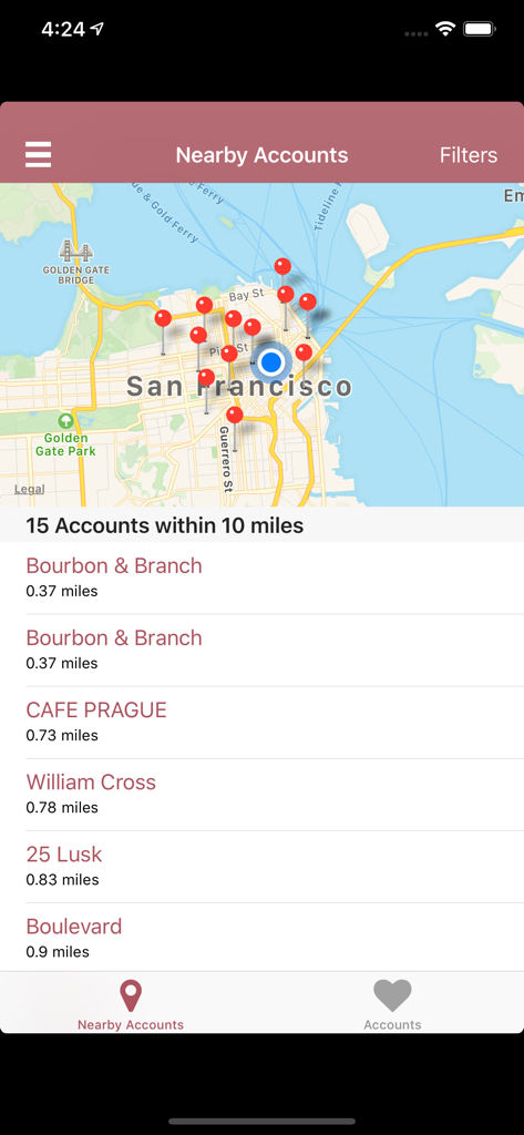 Vinosmith Winery - A map and list view showing nearby sales accounts in the Vinosmith Winery mobile app