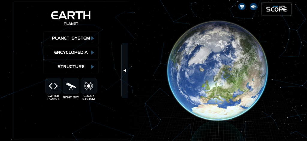 Interactive 3D model of Earth with educational menu in Solar System Scope app