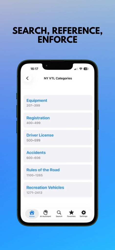NY VTL mobile app interface showing traffic law categories including Equipment, Registration, and Rules of the Road