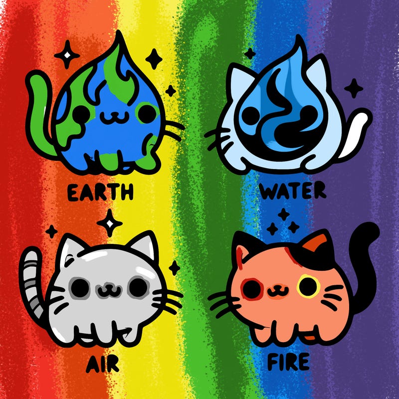 4 cats that represent the different elements, earth, water, air, and fire