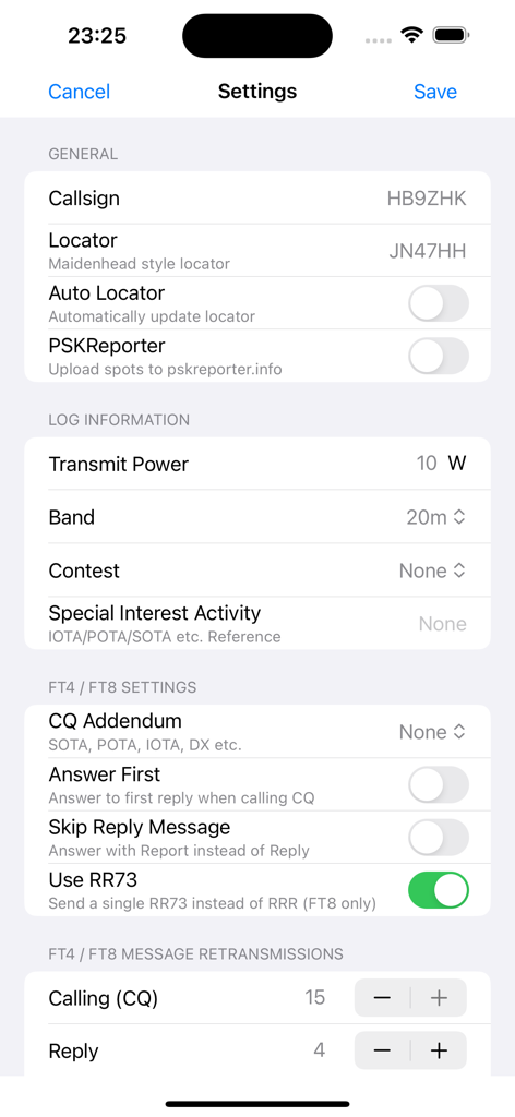 iFTx - Settings screen of the iFTx amateur radio app showing callsign and digital mode configurations