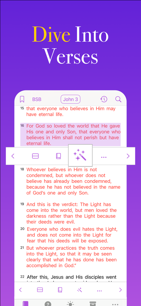 Bible Ace: AI Bible Study - Interfaz de la aplicación Bible Ace que muestra versículos de Juan 3 con una función de IA para explicar el texto.