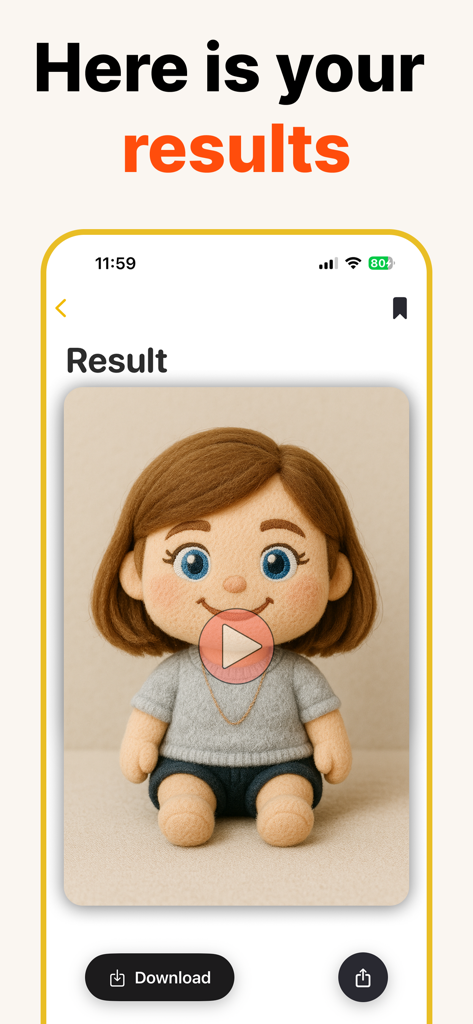 AIぬいぐるみメーカーアプリのモバイルスクリーンショット。AIぬいぐるみメーカーアプリが生成した少女の3Dぬいぐるみバージョンを表示