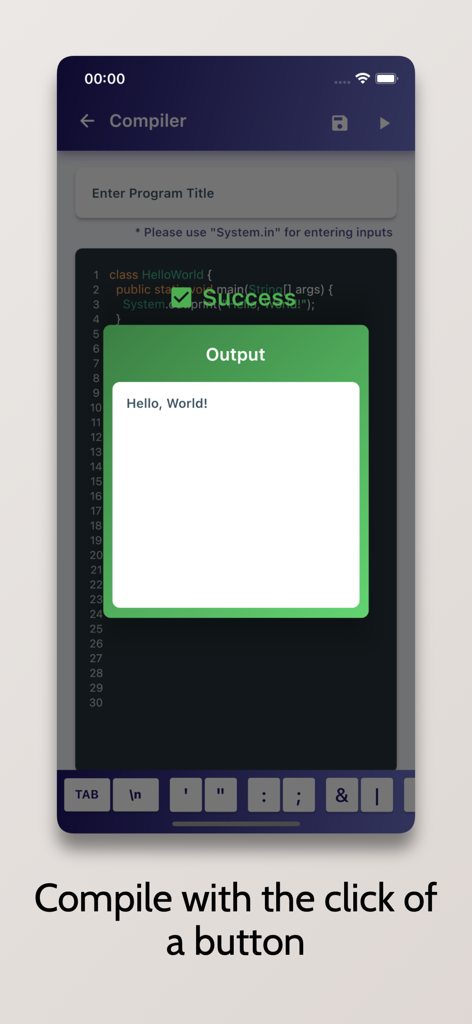 IDE Java para celular mostrando compilação de código bem-sucedida e saída do programa